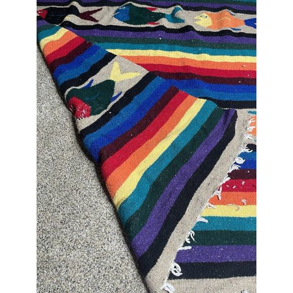 Vintage Native American Blanket 75in X 40in Fish & Colorful Rainbow Throw Rug - Picture 6 of 8